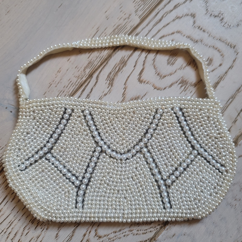 Vintage 50s Pearl Beaded Made In JAPAN Evening Bag Clutch - Picture 3 of 12